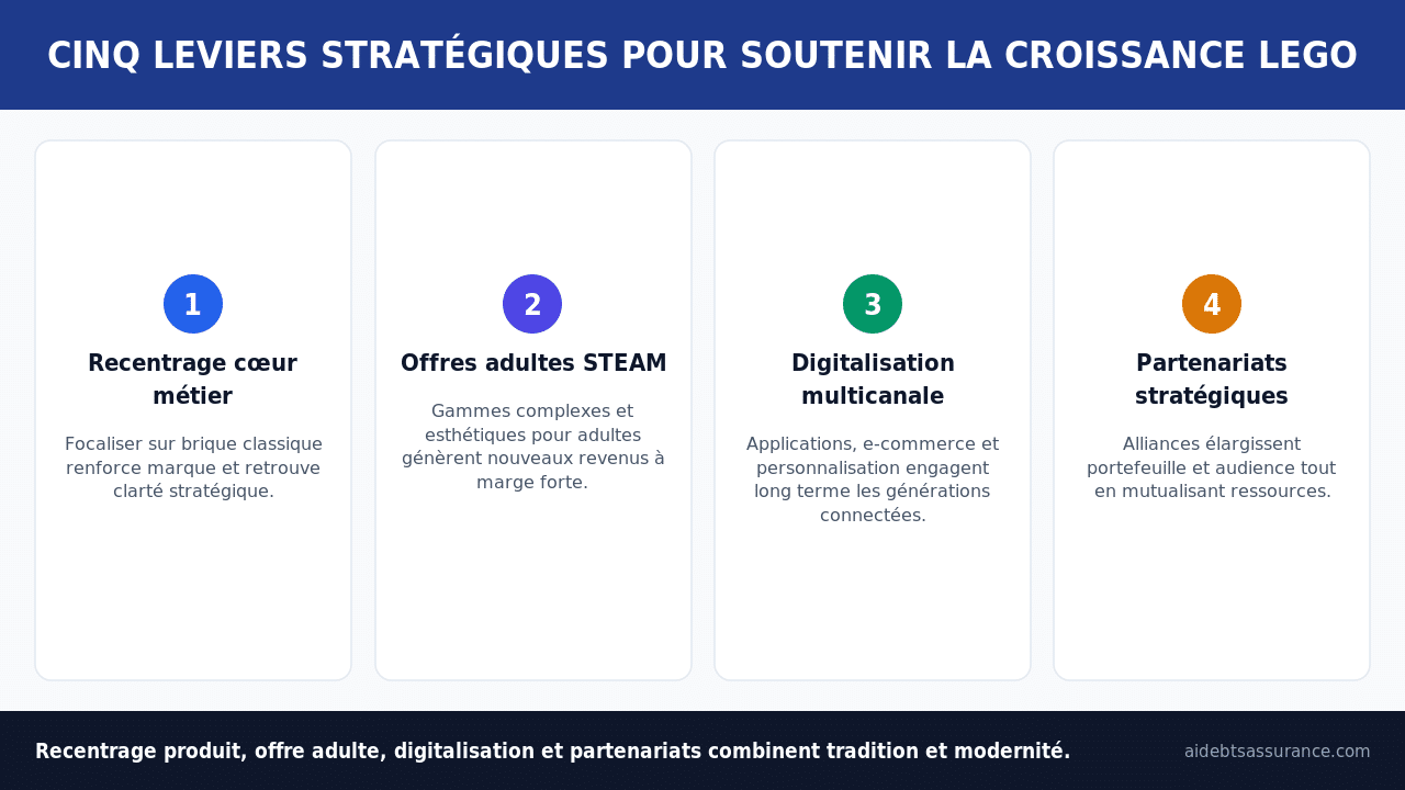 Stratégie Lego : recentrage brique classique, offres adultes, digital, partenariats et optimisation coûts