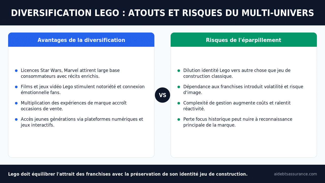 Comparaison diversification Lego : avantages licences et médias versus risques de dilution d'identité marque