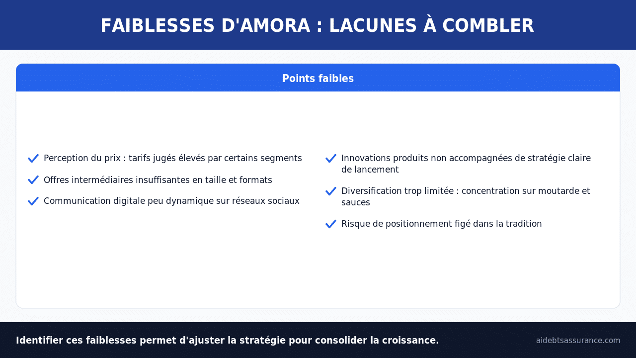 Faiblesses Amora prix perception communication digitale innovation