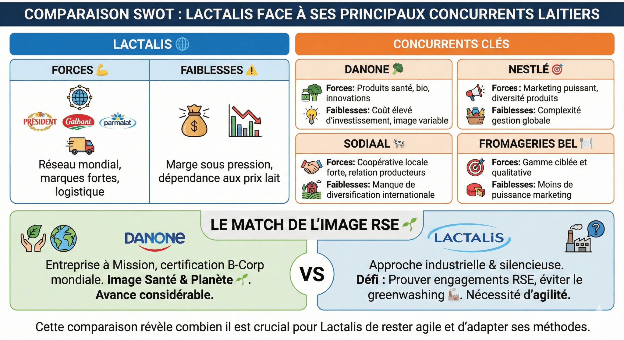 Comparaison de l’analyse SWOT de Lactalis face aux concurrents principaux du secteur laitier