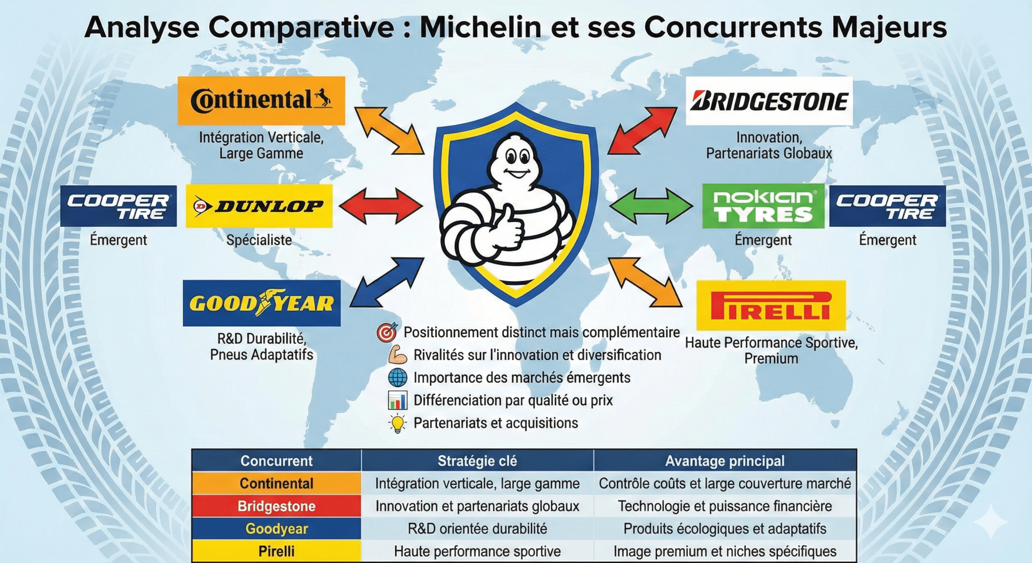 Analyse comparative avec les concurrents majeurs  Continental, Bridgestone, Goodyear, et autres