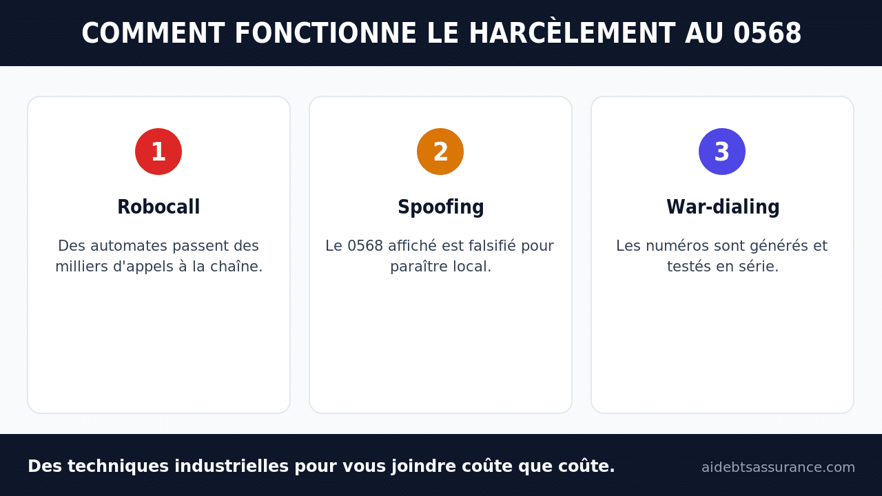 Infographie : mécanismes du harcèlement téléphonique au 0568 (robocall, spoofing, war-dialing)