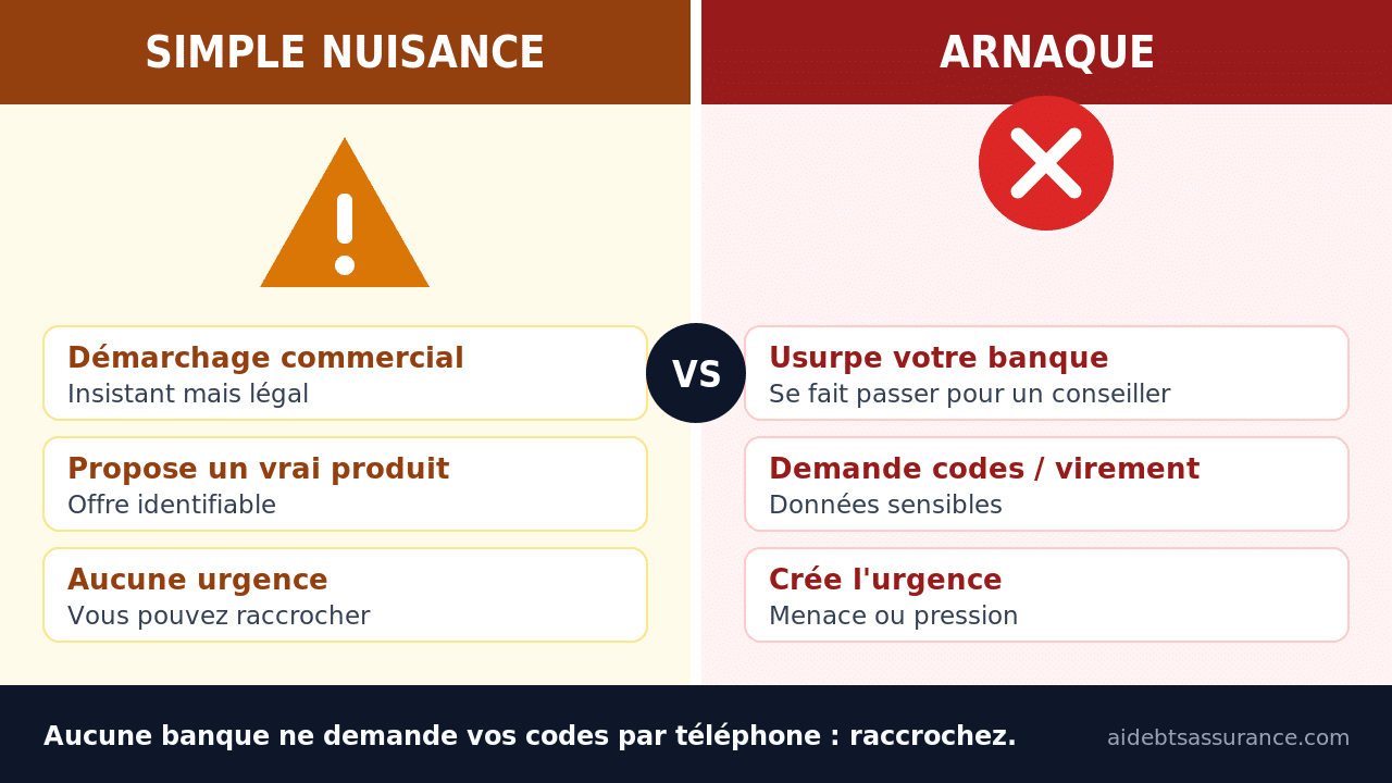 Infographie : différence entre une simple nuisance commerciale et une arnaque au 0568