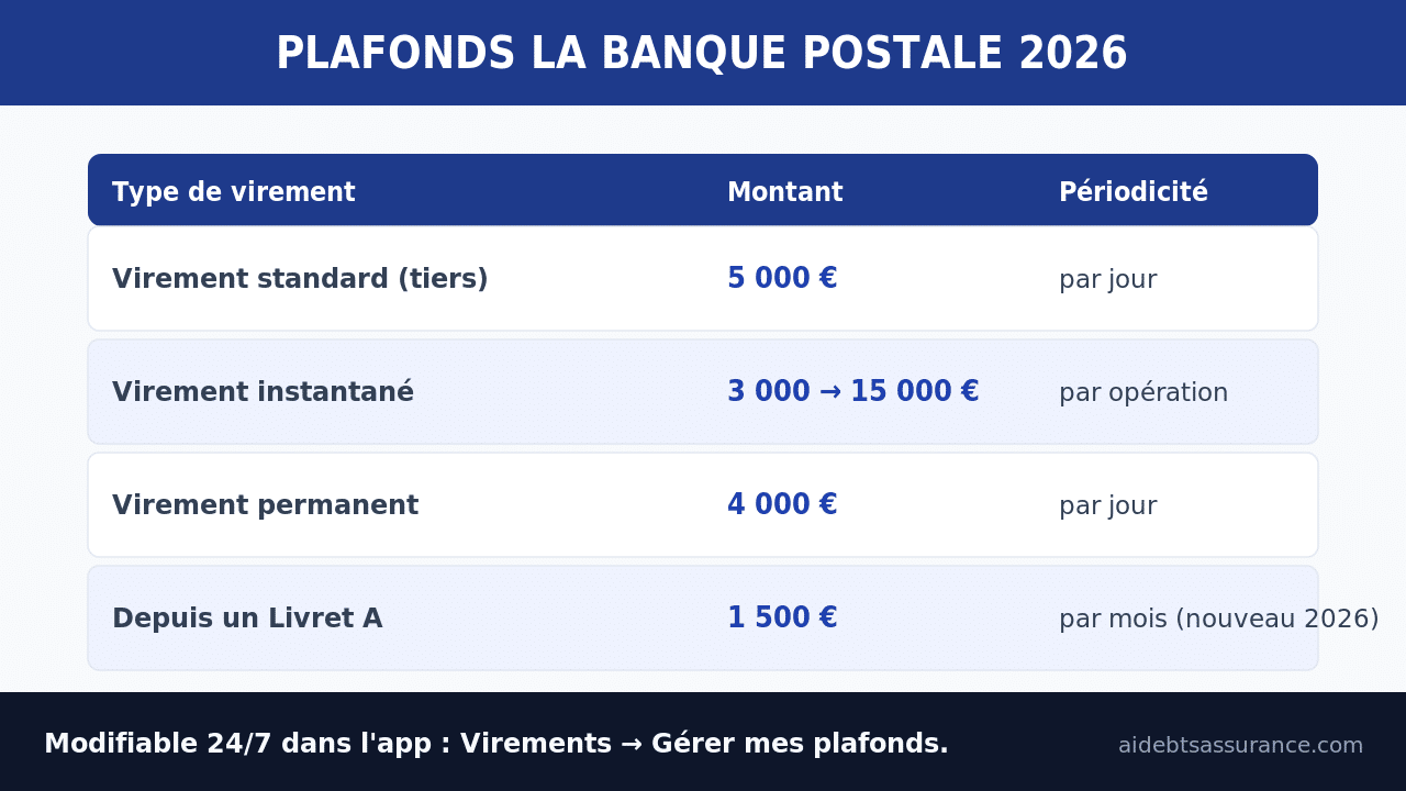 Infographie : tableau des plafonds de virement La Banque Postale 2026
