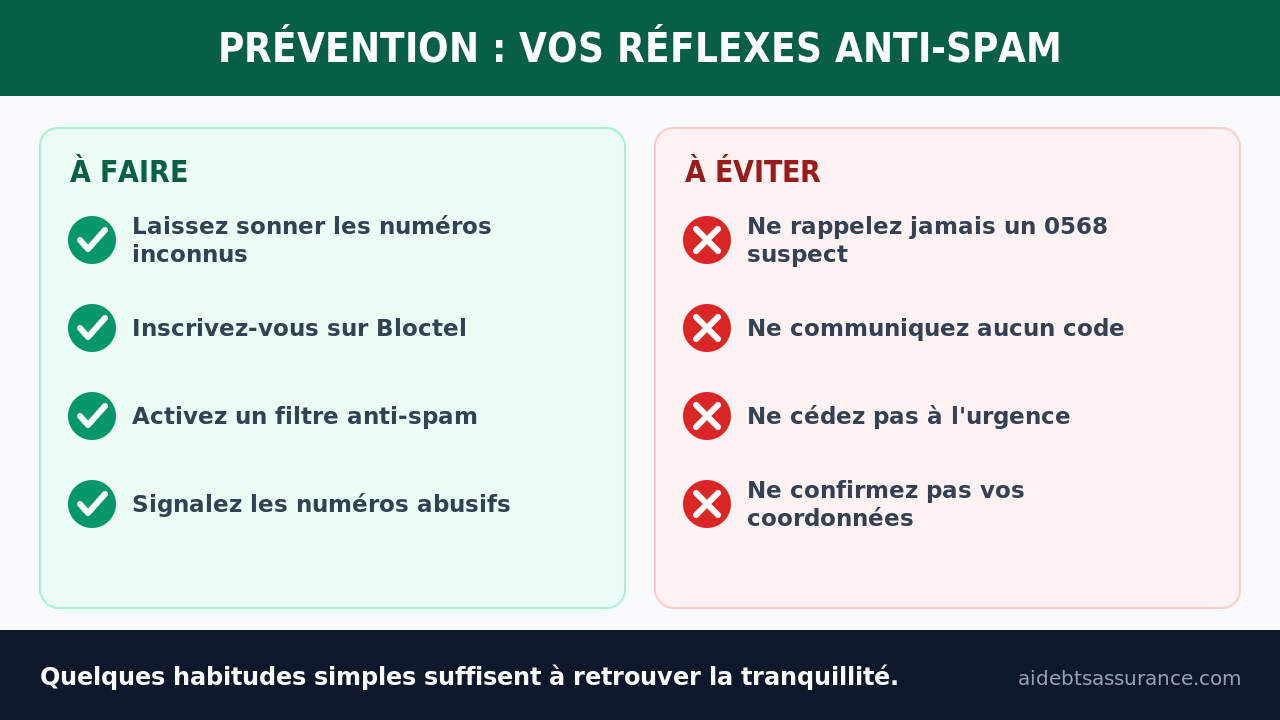 Infographie : réflexes de prévention anti-spam téléphonique à faire et à éviter